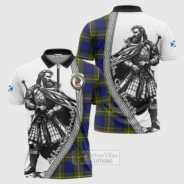 Moore Tartan Clan Crest Zipper Polo Shirt with Highlander Warrior Celtic Style