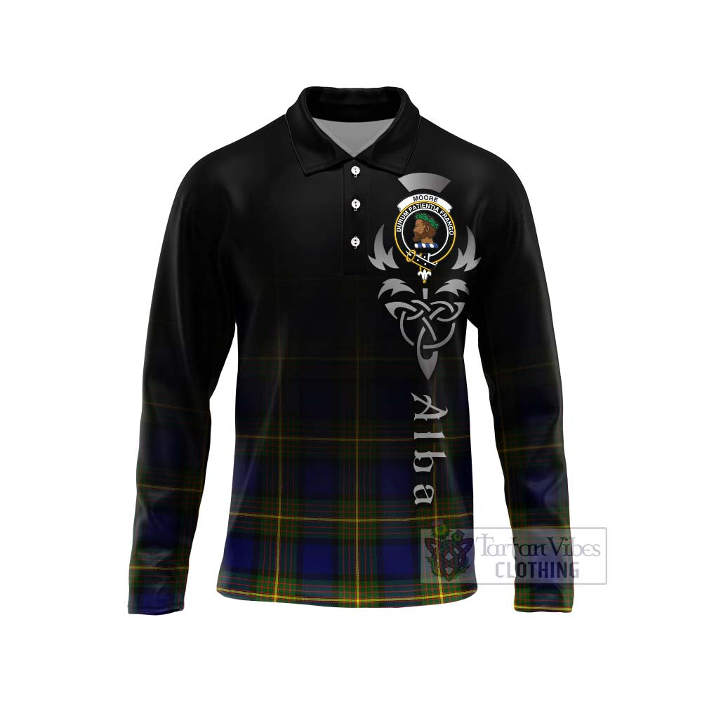 Tartan Vibes Clothing Moore Tartan Long Sleeve Polo Shirt Featuring Alba Gu Brath Family Crest Celtic Inspired