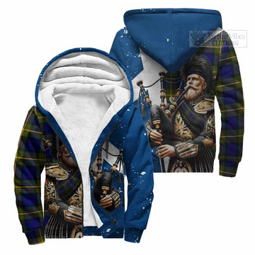 Moore Tartan Sherpa Hoodie with Family Crest Scottish Bagpiper Vibes