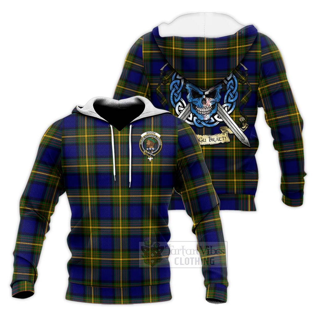 Tartan Vibes Clothing Moore Tartan Knitted Hoodie with Family Crest Celtic Skull Style