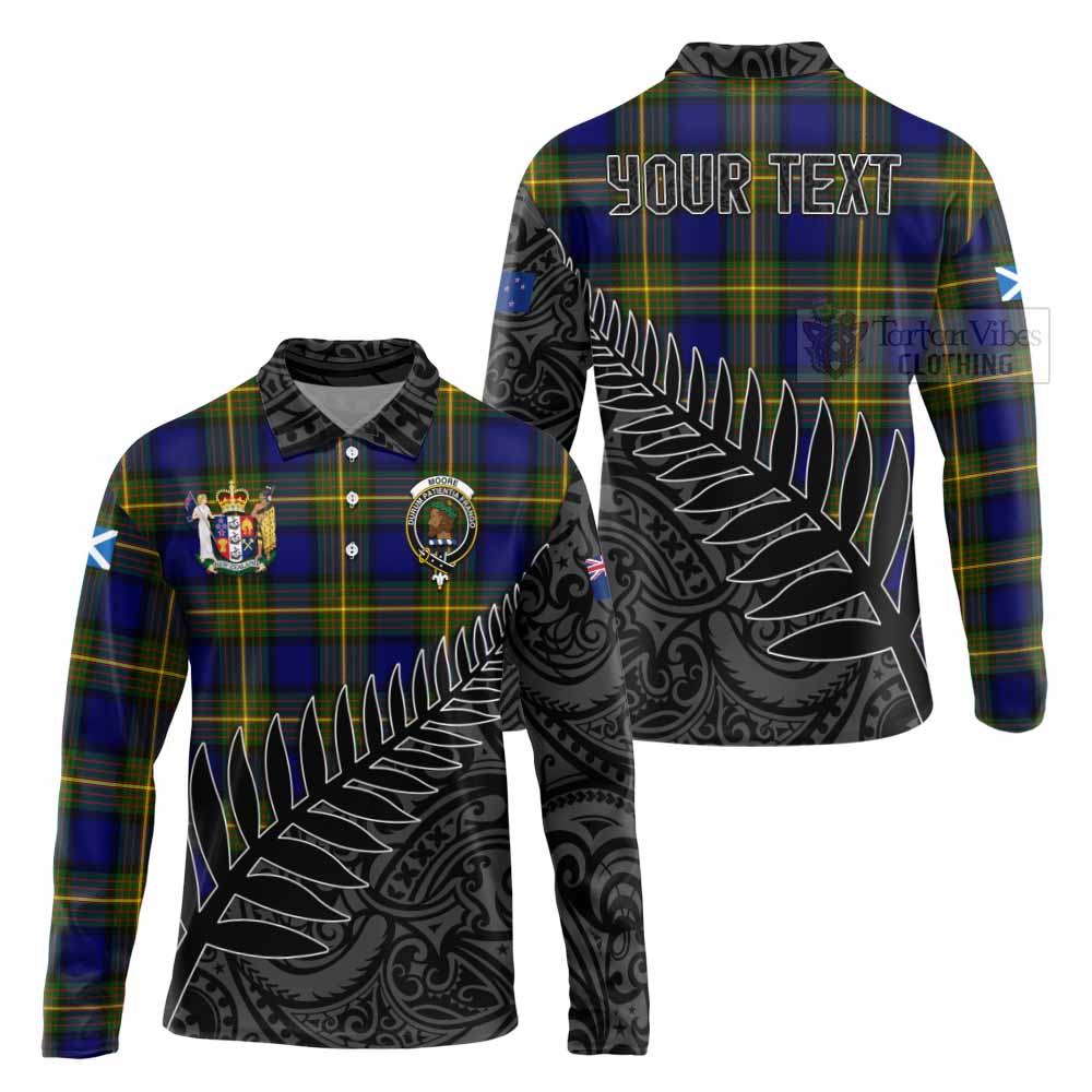 Tartan Vibes Clothing Moore Crest Tartan Long Sleeve Polo Shirt with New Zealand Silver Fern Half Style