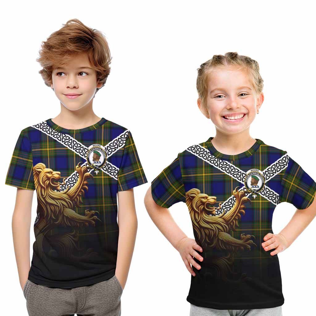 Moore Crest Tartan Kid T-Shirt with Golden Lion Emblem Celtic Style Youth XL Size14 - Tartan Vibes Clothing