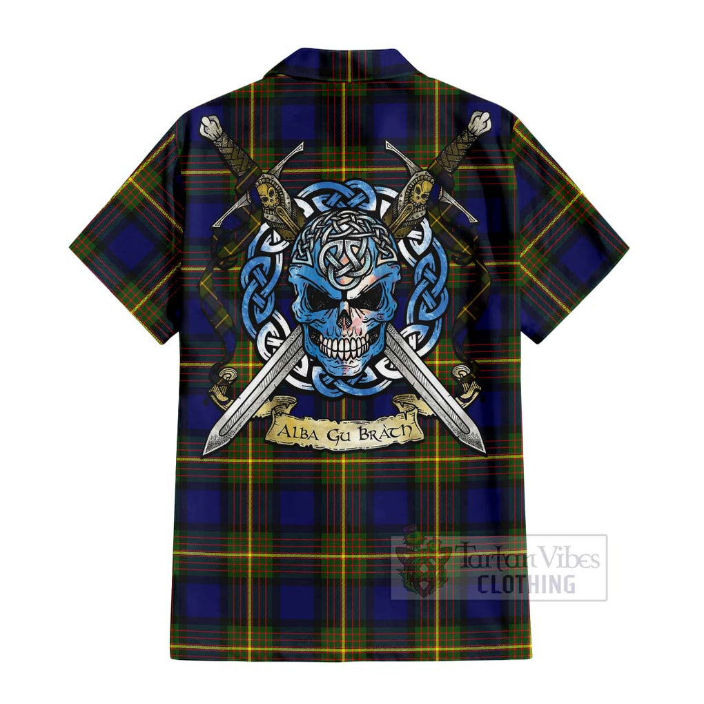 Tartan Vibes Clothing Moore Tartan Short Sleeve Button Shirt with Family Crest Celtic Skull Style