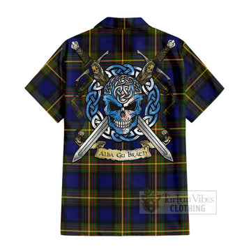 Moore Tartan Short Sleeve Button Shirt with Family Crest Celtic Skull Style