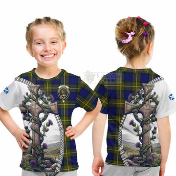 Moore Tartan Kid T-Shirt with Family Crest and St. Andrew's Cross Accented by Thistle Vines - Tartan Vibes Clothing