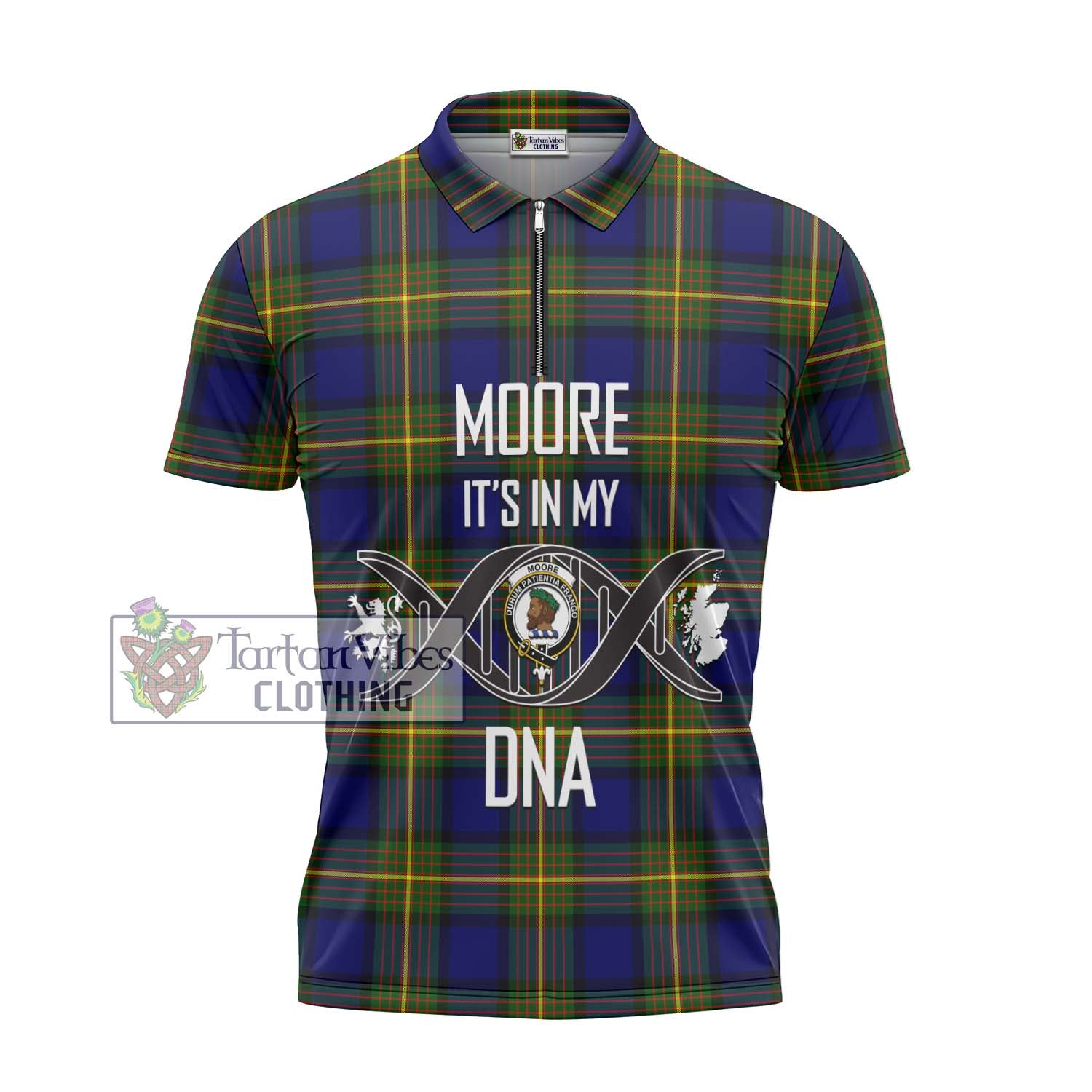 Tartan Vibes Clothing Moore Tartan Zipper Polo Shirt with Family Crest DNA In Me Style