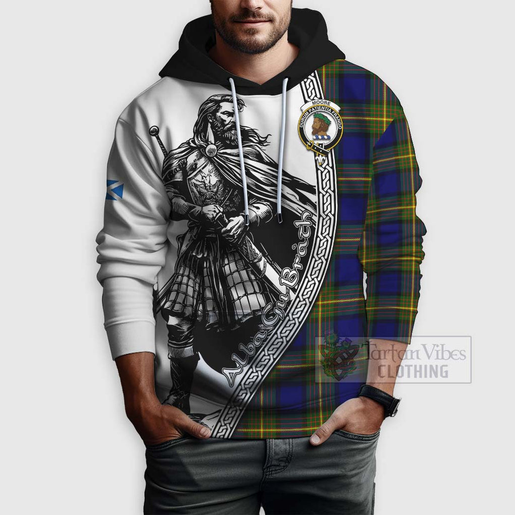 Tartan Vibes Clothing Moore Tartan Clan Crest Hoodie with Highlander Warrior Celtic Style