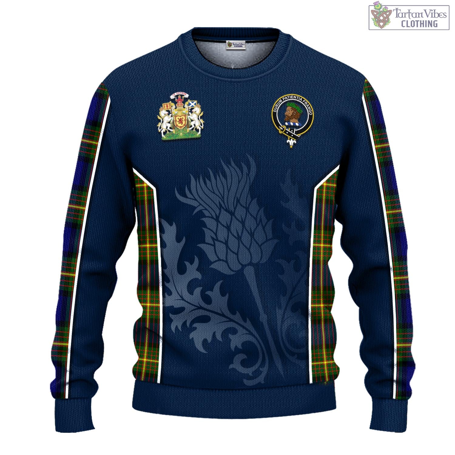 Tartan Vibes Clothing Moore Tartan Knitted Sweatshirt with Family Crest and Scottish Thistle Vibes Sport Style