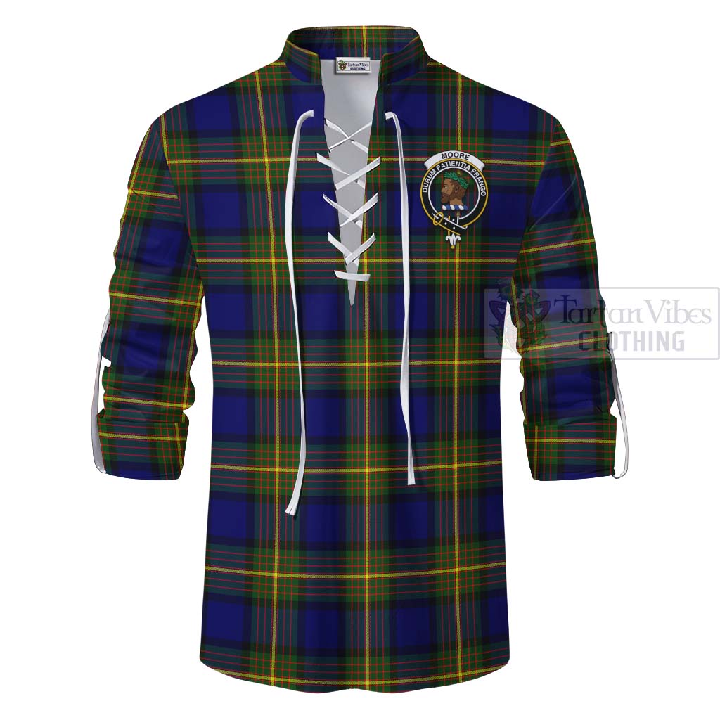 Tartan Vibes Clothing Moore Tartan Ghillie Kilt Shirt with Family Crest and Bearded Skull Holding Bottles of Whiskey