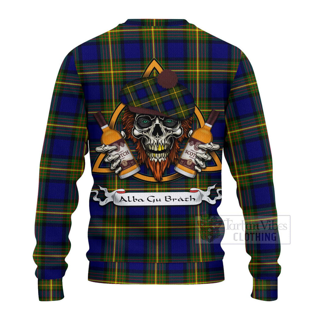 Tartan Vibes Clothing Moore Tartan Knitted Sweater with Family Crest and Bearded Skull Holding Bottles of Whiskey