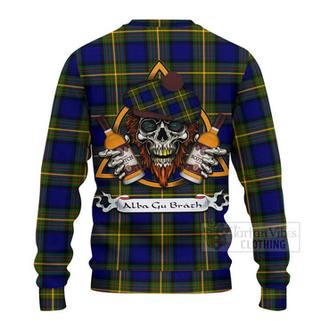 Moore Tartan Ugly Sweater with Family Crest and Bearded Skull Holding Bottles of Whiskey