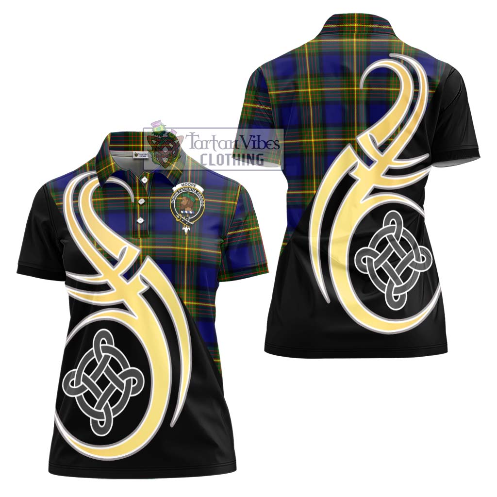 Moore Tartan Women's Polo Shirt with Family Crest and Celtic Symbol Style - Tartan Vibes Clothing