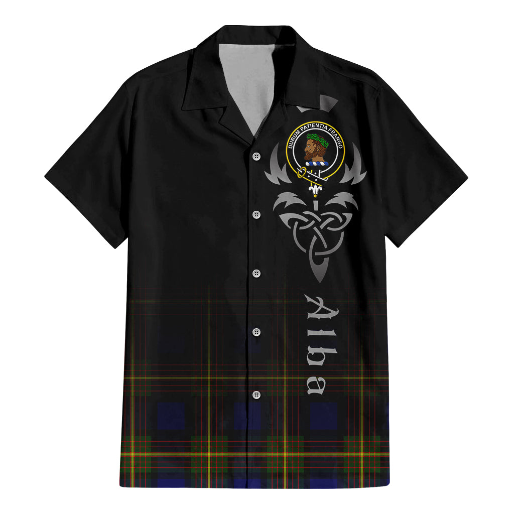 Tartan Vibes Clothing Moore Tartan Short Sleeve Button Up Featuring Alba Gu Brath Family Crest Celtic Inspired