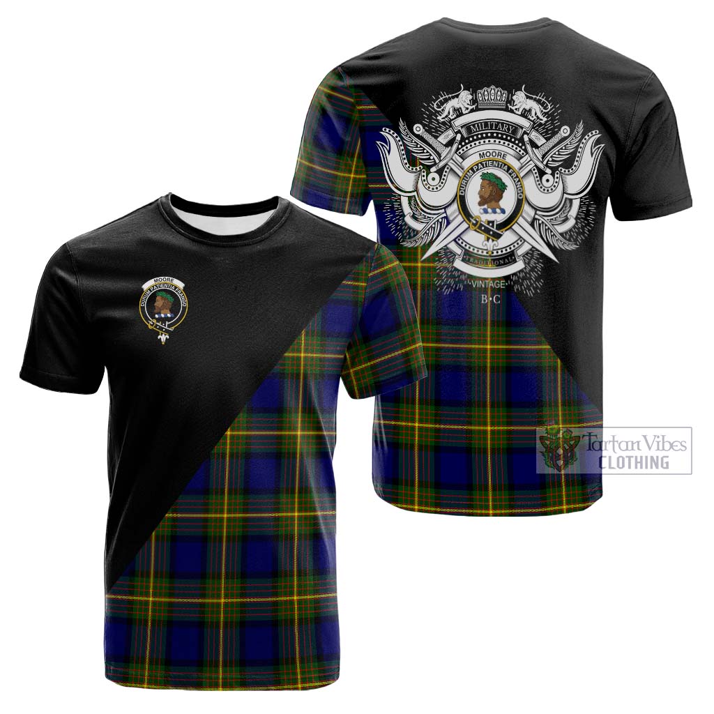 Tartan Vibes Clothing Moore Tartan Cotton T-shirt with Family Crest and Military Logo Style