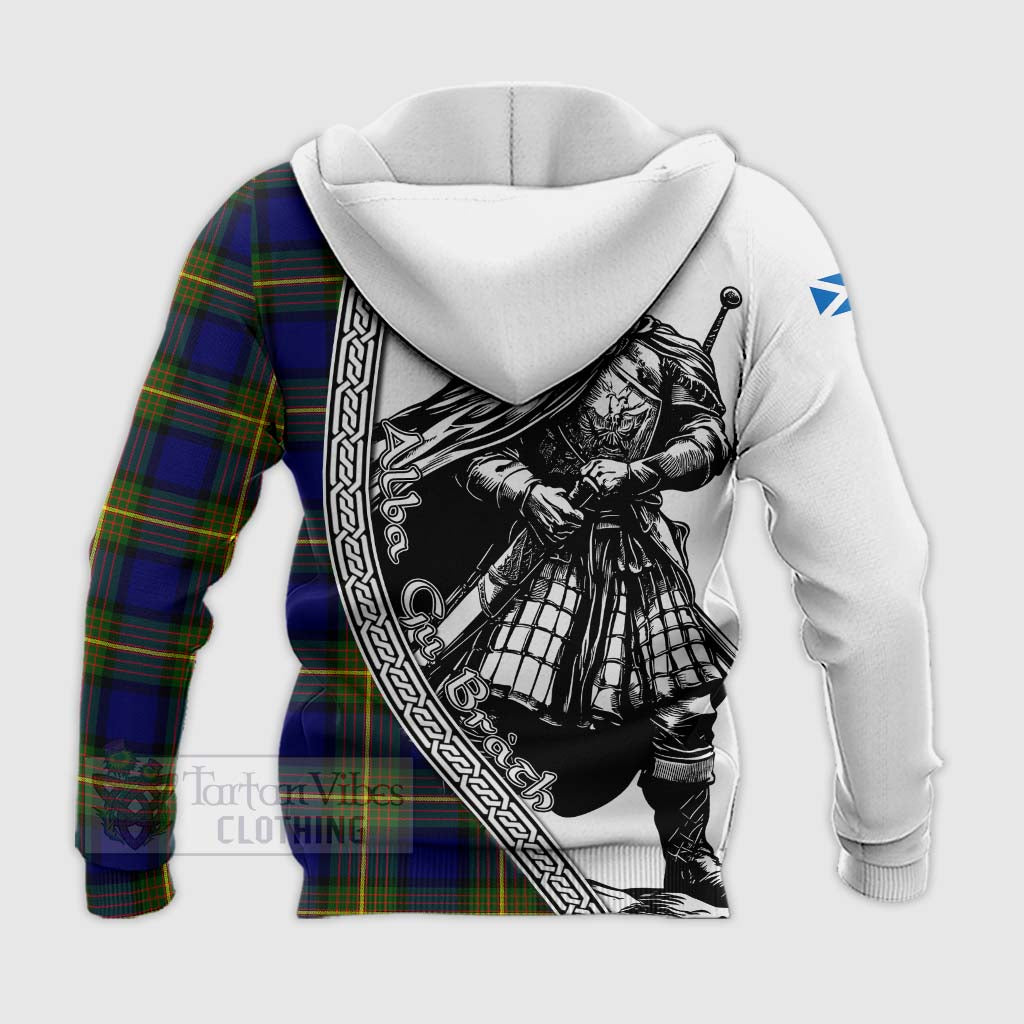 Tartan Vibes Clothing Moore Tartan Clan Crest Knitted Hoodie with Highlander Warrior Celtic Style