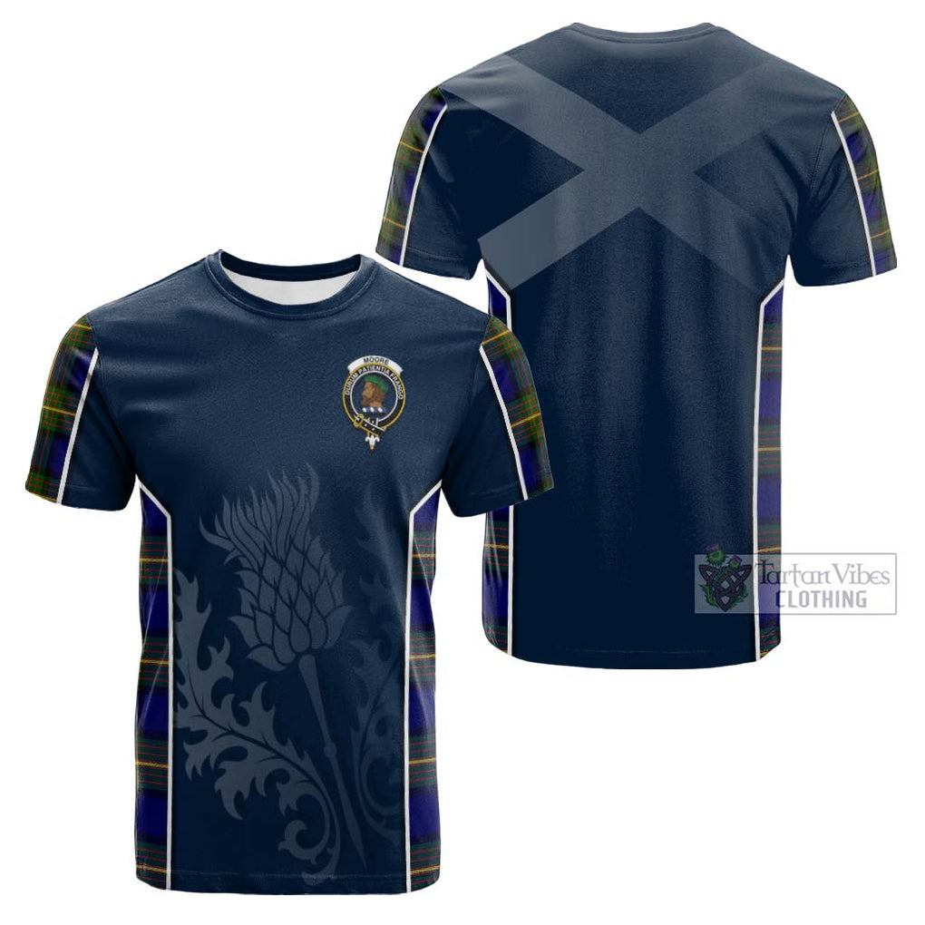 Tartan Vibes Clothing Moore Tartan Cotton T-shirt with Family Crest and Scottish Thistle Vibes Sport Style