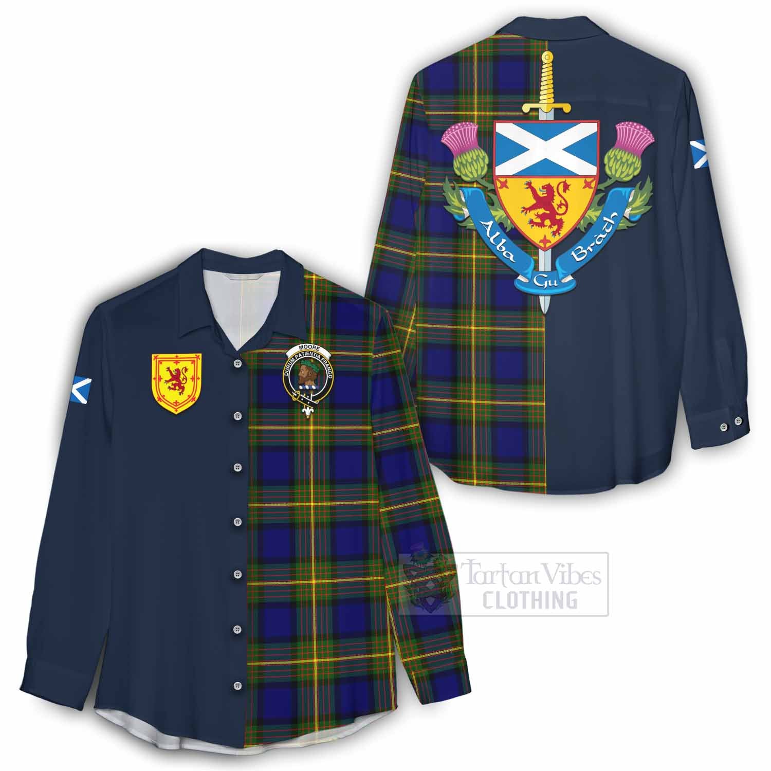 Tartan Vibes Clothing Moore Tartan Women's Casual Shirt Alba with Scottish Lion Royal Arm Half Style