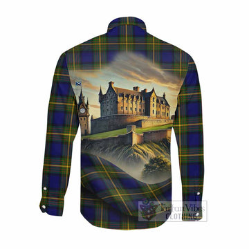 Moore Tartan Family Crest Long Sleeve Button Shirt with Scottish Ancient Castle Style Men's Shirt - Tartan Vibes Clothing