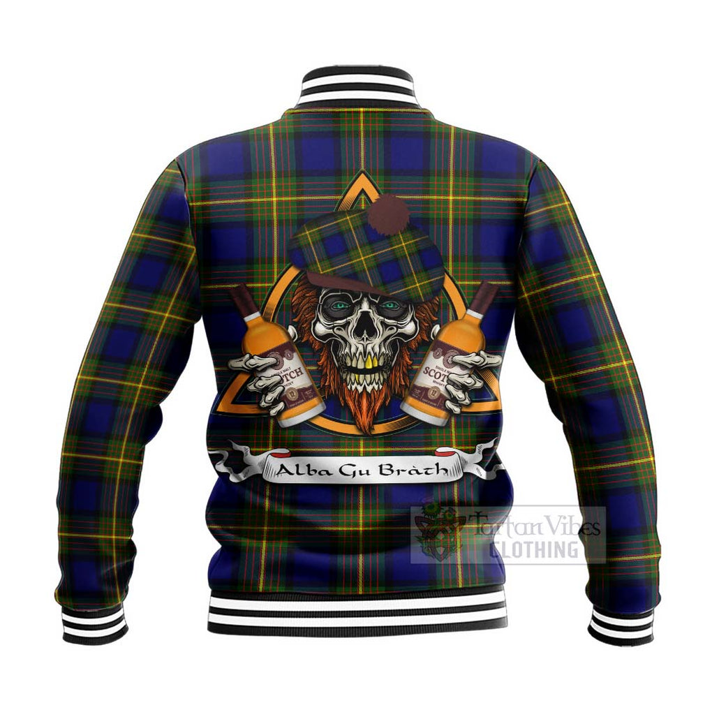 Tartan Vibes Clothing Moore Tartan Baseball Jacket with Family Crest and Bearded Skull Holding Bottles of Whiskey