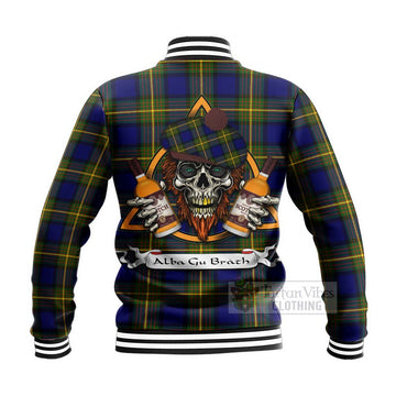 Moore Tartan Baseball Jacket with Family Crest and Bearded Skull Holding Bottles of Whiskey