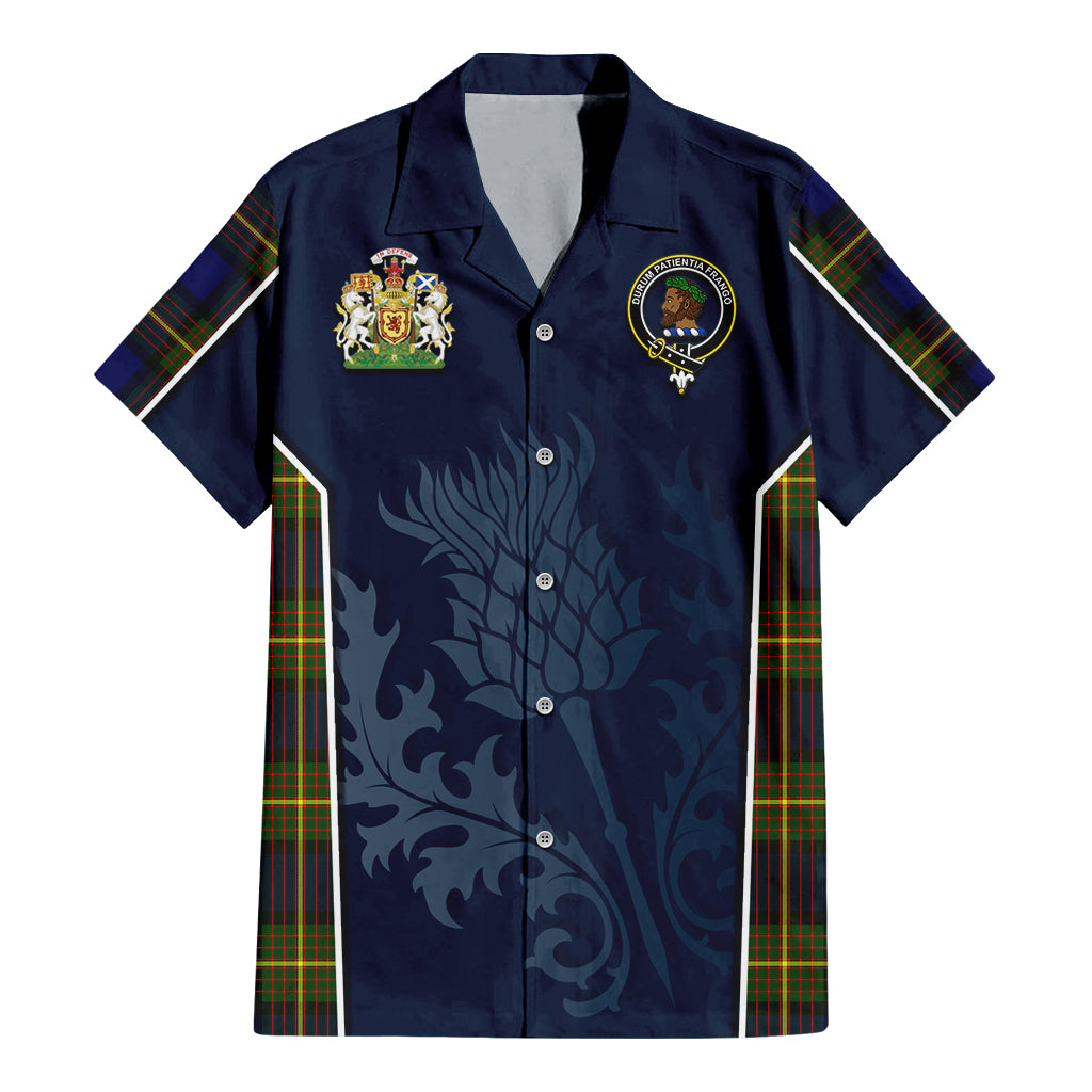 Tartan Vibes Clothing Moore Tartan Short Sleeve Button Up Shirt with Family Crest and Scottish Thistle Vibes Sport Style