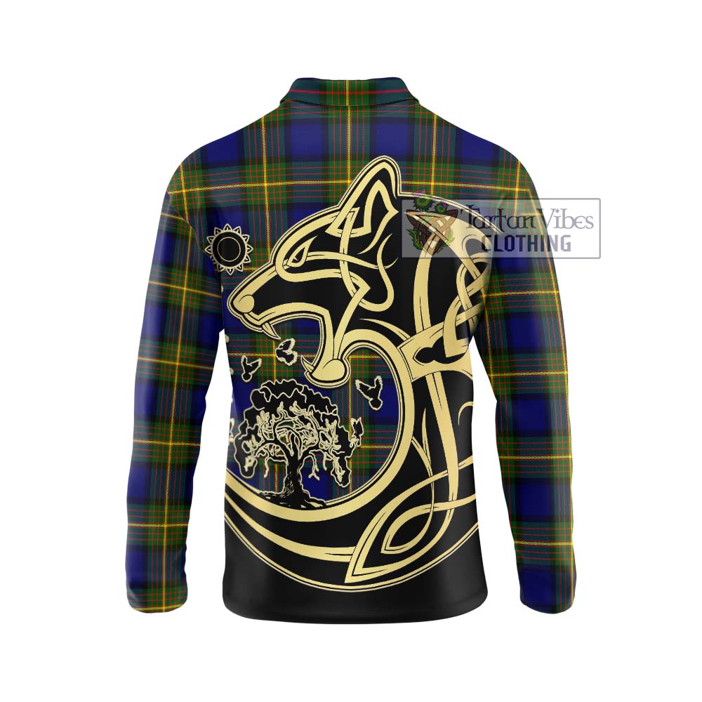 Tartan Vibes Clothing Moore Tartan Long Sleeve Polo Shirt with Family Crest Celtic Wolf Style