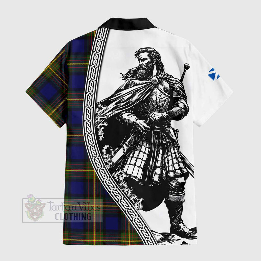 Tartan Vibes Clothing Moore Tartan Clan Crest Short Sleeve Button Shirt with Highlander Warrior Celtic Style