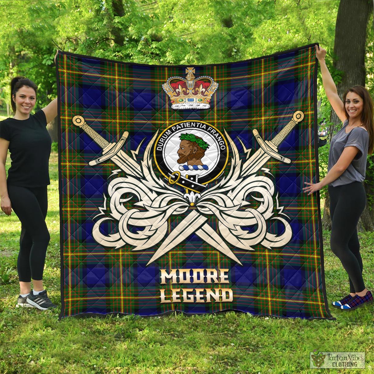 Tartan Vibes Clothing Moore Tartan Quilt with Clan Crest and the Golden Sword of Courageous Legacy