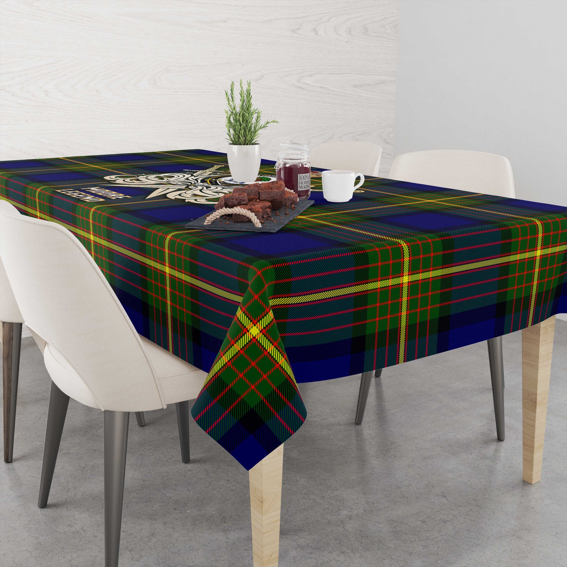 Tartan Vibes Clothing Moore Tartan Tablecloth with Clan Crest and the Golden Sword of Courageous Legacy