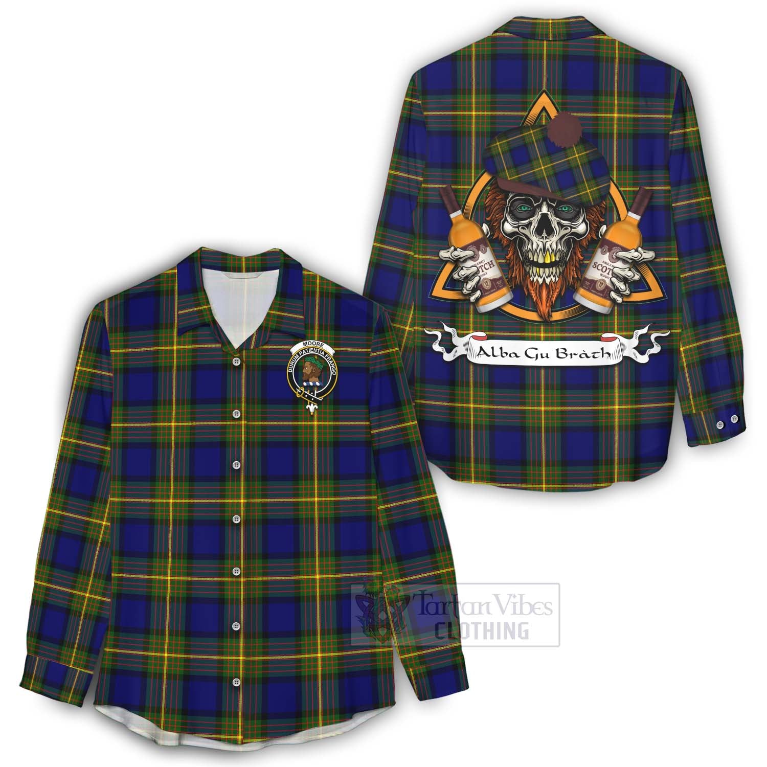 Tartan Vibes Clothing Moore Tartan Women's Casual Shirt with Family Crest and Bearded Skull Holding Bottles of Whiskey