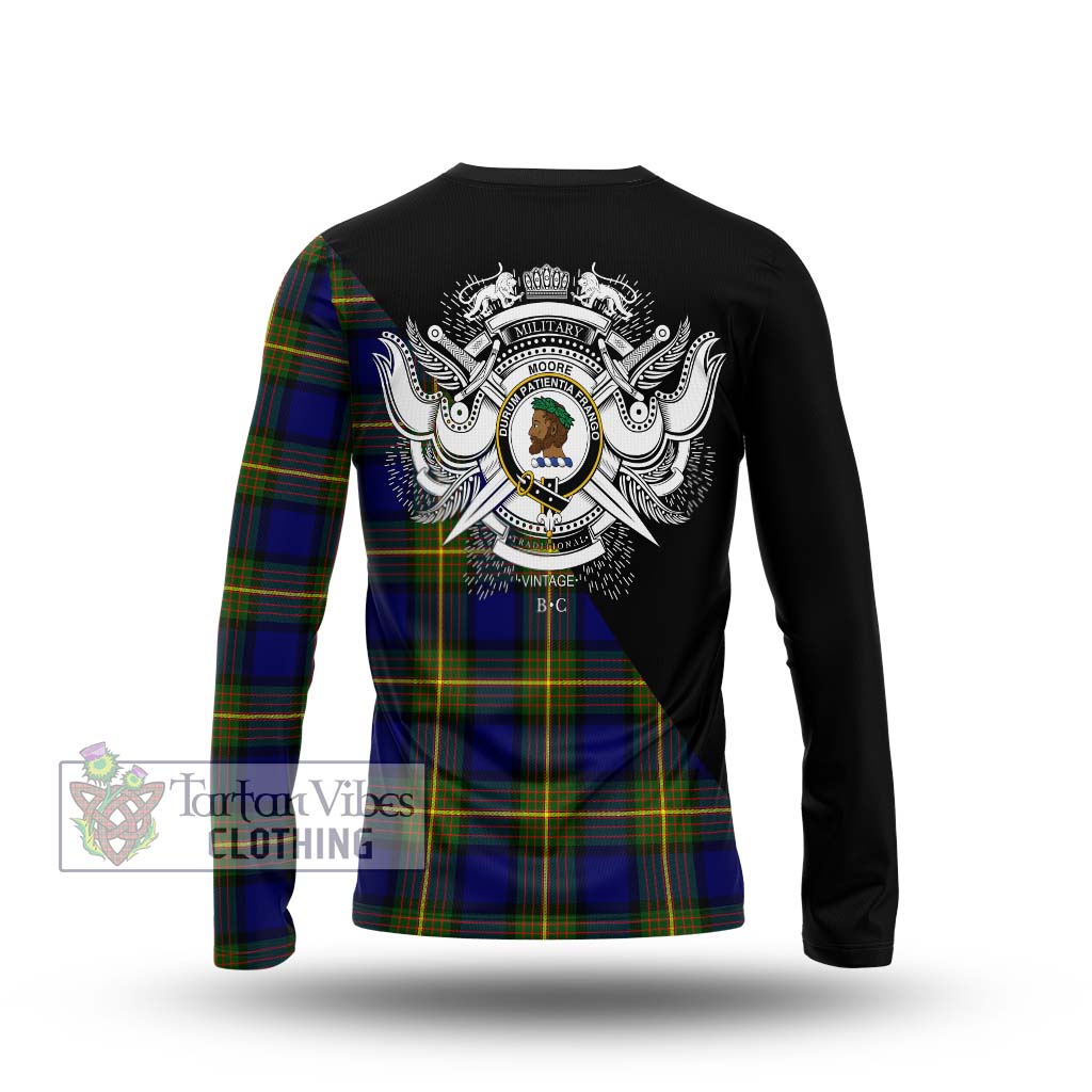 Tartan Vibes Clothing Moore Tartan Long Sleeve T-Shirt with Family Crest and Military Logo Style