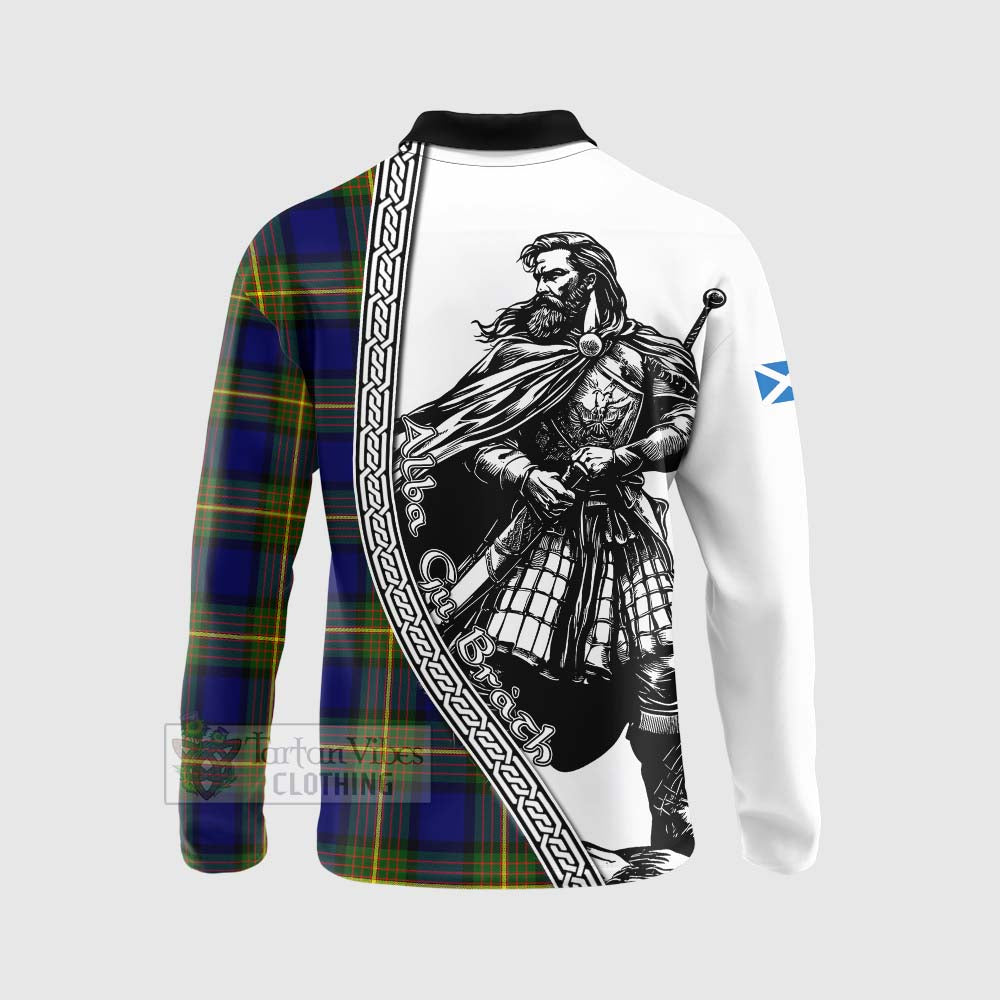 Tartan Vibes Clothing Moore Tartan Clan Crest Long Sleeve Polo Shirt with Highlander Warrior Celtic Style