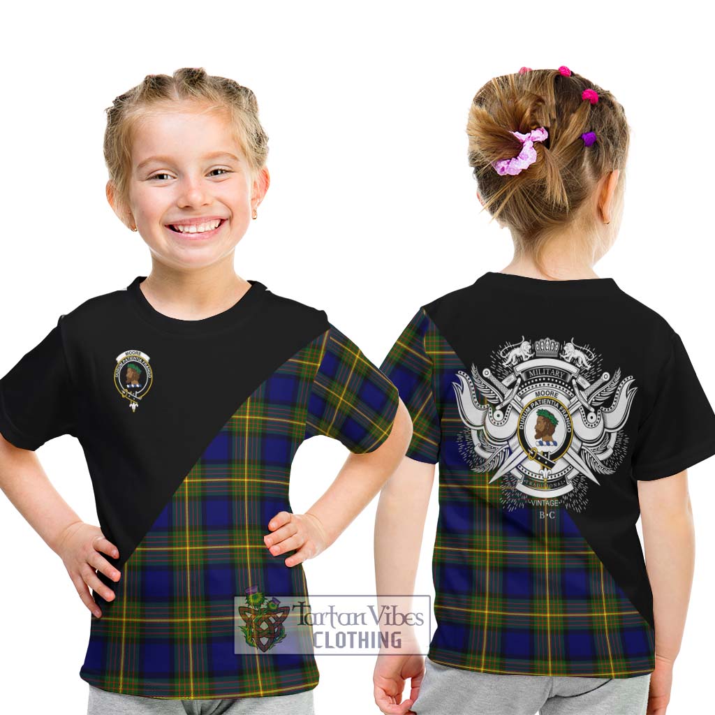 Tartan Vibes Clothing Moore Tartan Kid T-Shirt with Family Crest and Military Logo Style