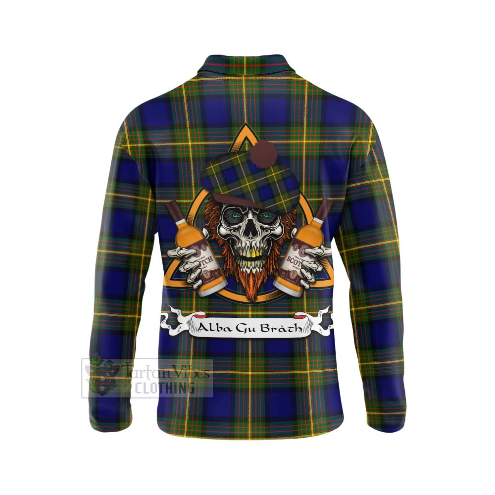 Tartan Vibes Clothing Moore Tartan Long Sleeve Polo Shirt with Family Crest and Bearded Skull Holding Bottles of Whiskey