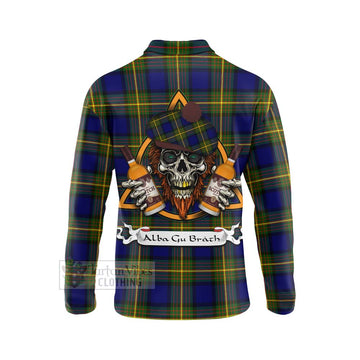 Moore Tartan Long Sleeve Polo Shirt with Family Crest and Bearded Skull Holding Bottles of Whiskey