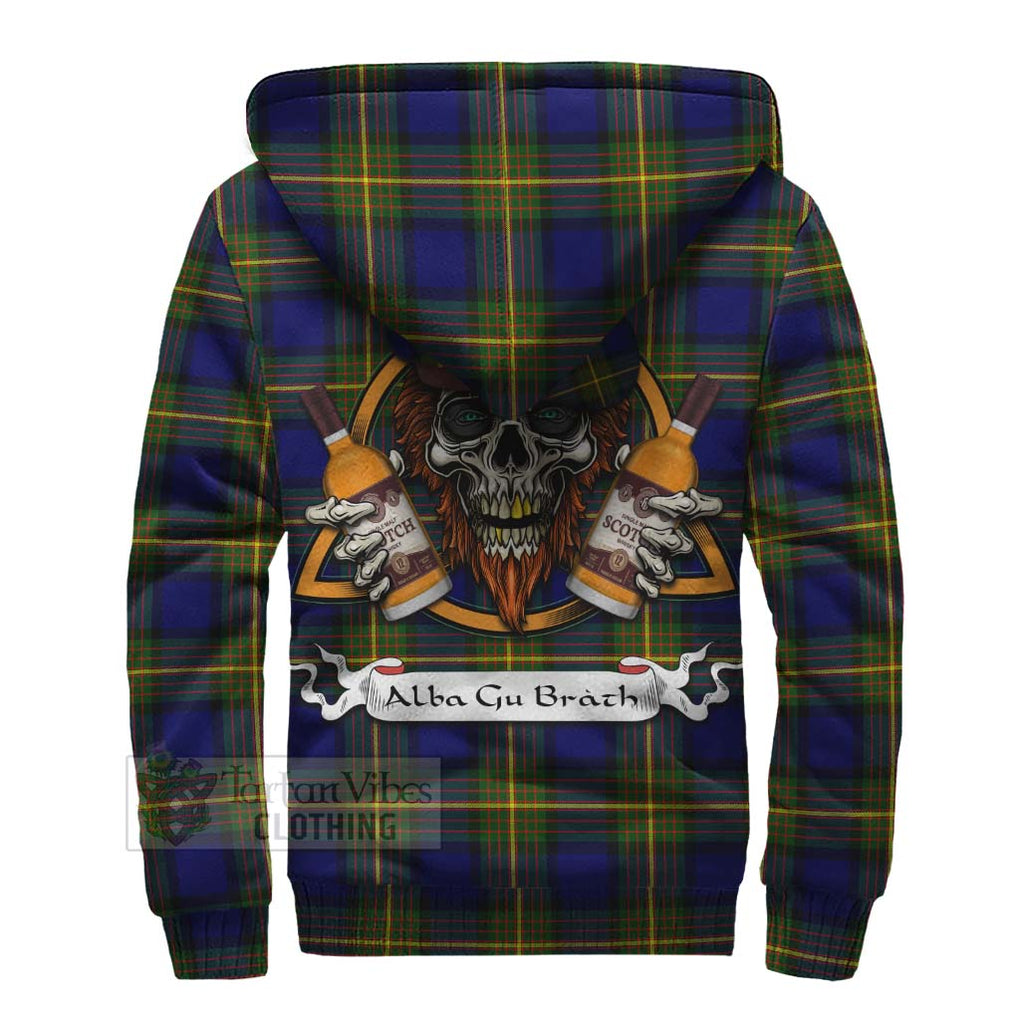 Tartan Vibes Clothing Moore Tartan Sherpa Hoodie with Family Crest and Bearded Skull Holding Bottles of Whiskey