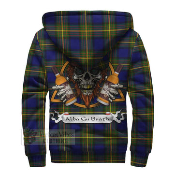 Moore Tartan Sherpa Hoodie with Family Crest and Bearded Skull Holding Bottles of Whiskey