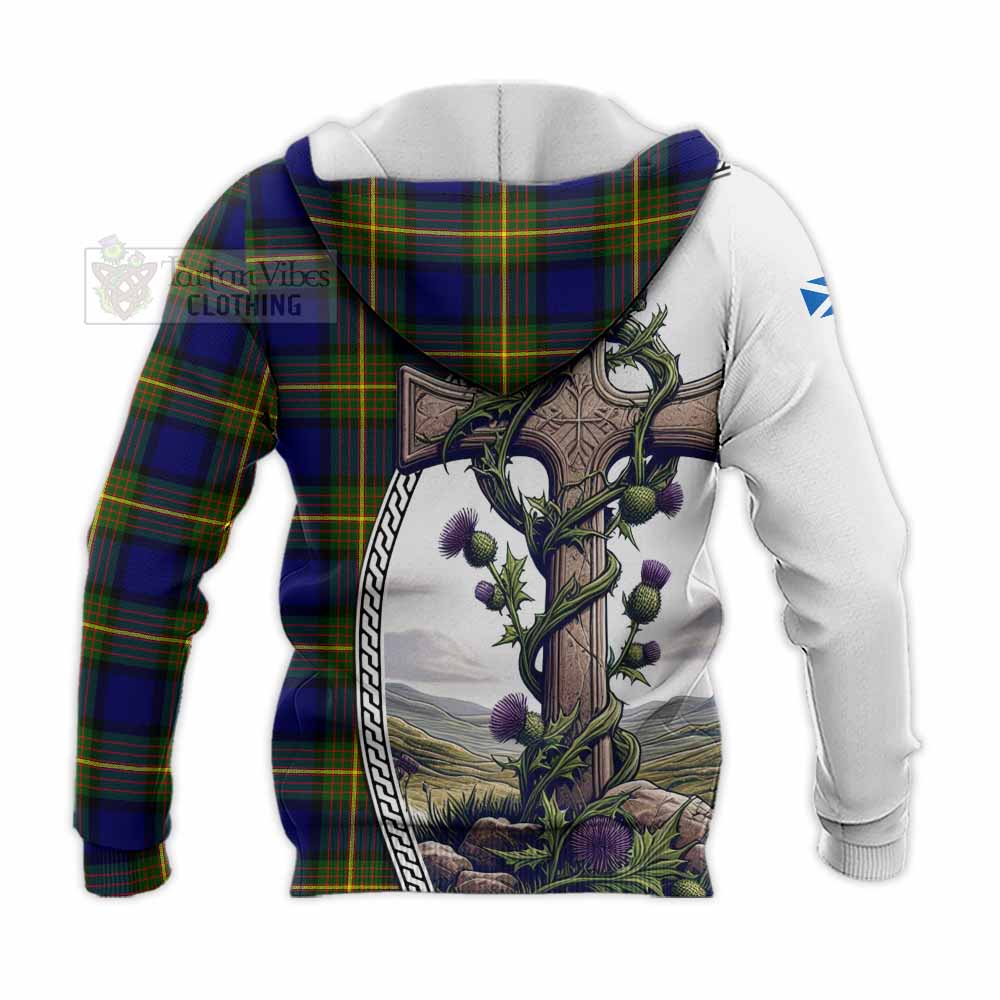 Tartan Vibes Clothing Moore Tartan Knitted Hoodie with Family Crest and St. Andrew's Cross Accented by Thistle Vines