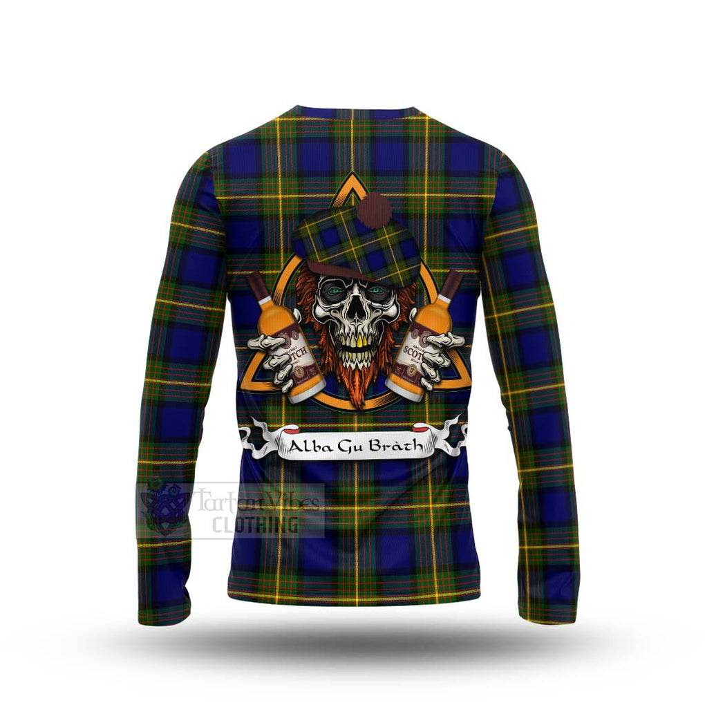 Tartan Vibes Clothing Moore Tartan Long Sleeve T-Shirt with Family Crest and Bearded Skull Holding Bottles of Whiskey