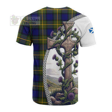 Moore Tartan Cotton T-shirt with Family Crest and St. Andrew's Cross Accented by Thistle Vines - Tartan Vibes Clothing