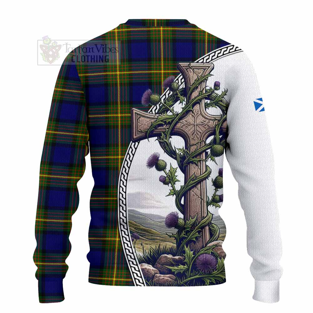 Tartan Vibes Clothing Moore Tartan Knitted Sweater with Family Crest and St. Andrew's Cross Accented by Thistle Vines