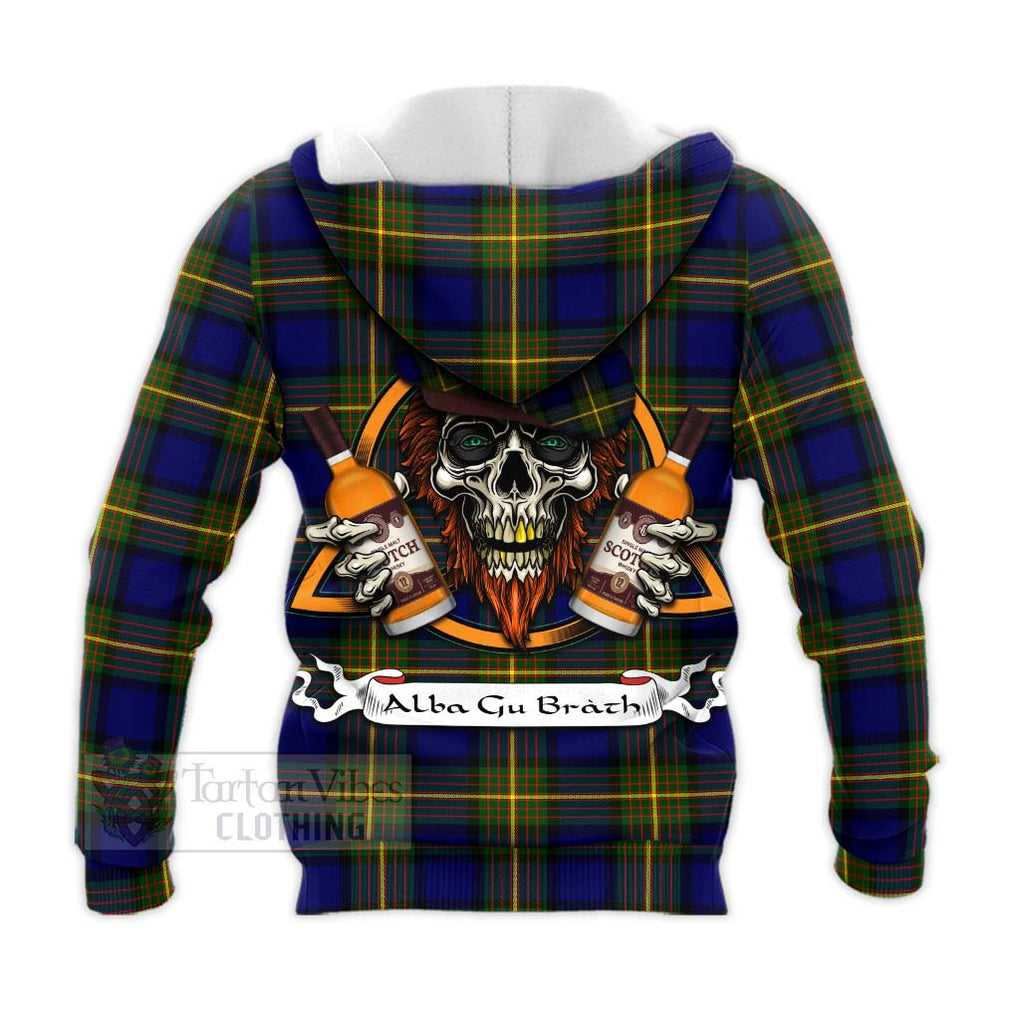 Tartan Vibes Clothing Moore Tartan Knitted Hoodie with Family Crest and Bearded Skull Holding Bottles of Whiskey