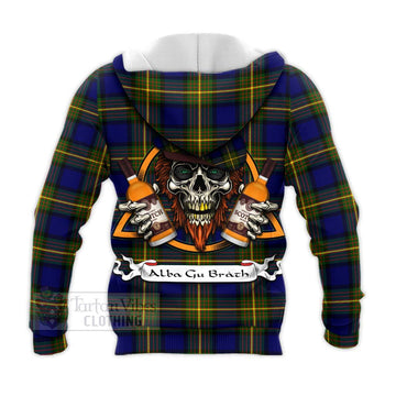 Moore Tartan Knitted Hoodie with Family Crest and Bearded Skull Holding Bottles of Whiskey