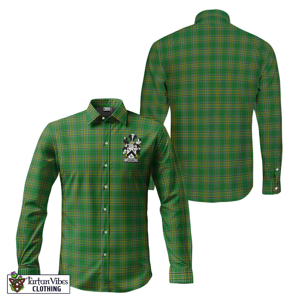 Tartan Vibes Clothing Moore Ireland Clan Tartan Long Sleeve Button Up with Coat of Arms