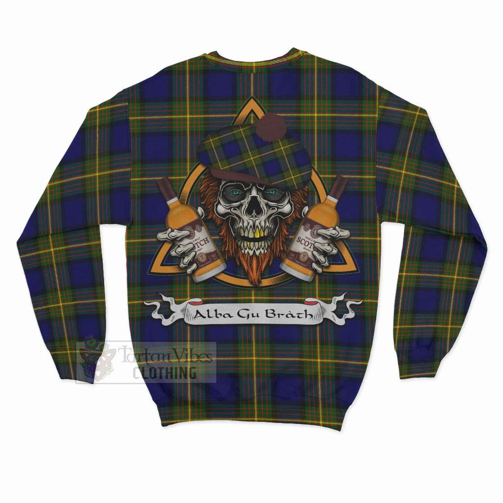 Tartan Vibes Clothing Moore Tartan Sweatshirt with Family Crest and Bearded Skull Holding Bottles of Whiskey