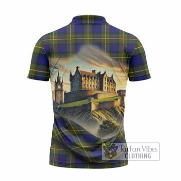 Moore Tartan Family Crest Zipper Polo Shirt with Scottish Ancient Castle Style - Tartan Vibes Clothing
