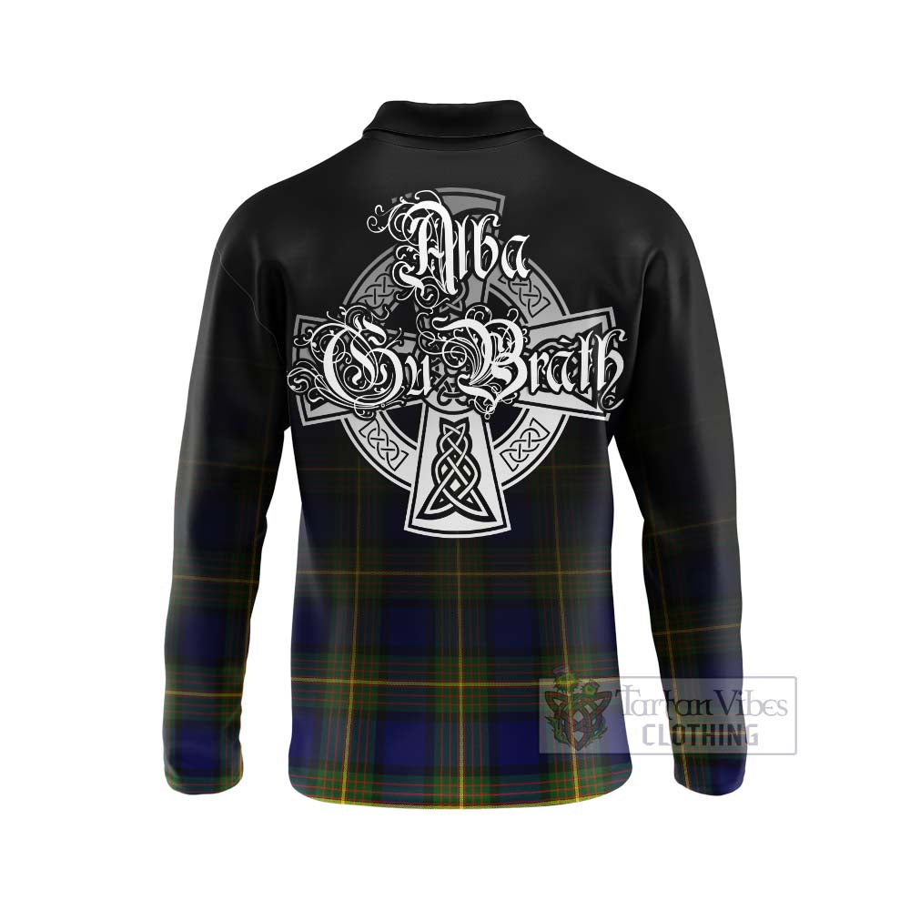 Tartan Vibes Clothing Moore Tartan Long Sleeve Polo Shirt Featuring Alba Gu Brath Family Crest Celtic Inspired