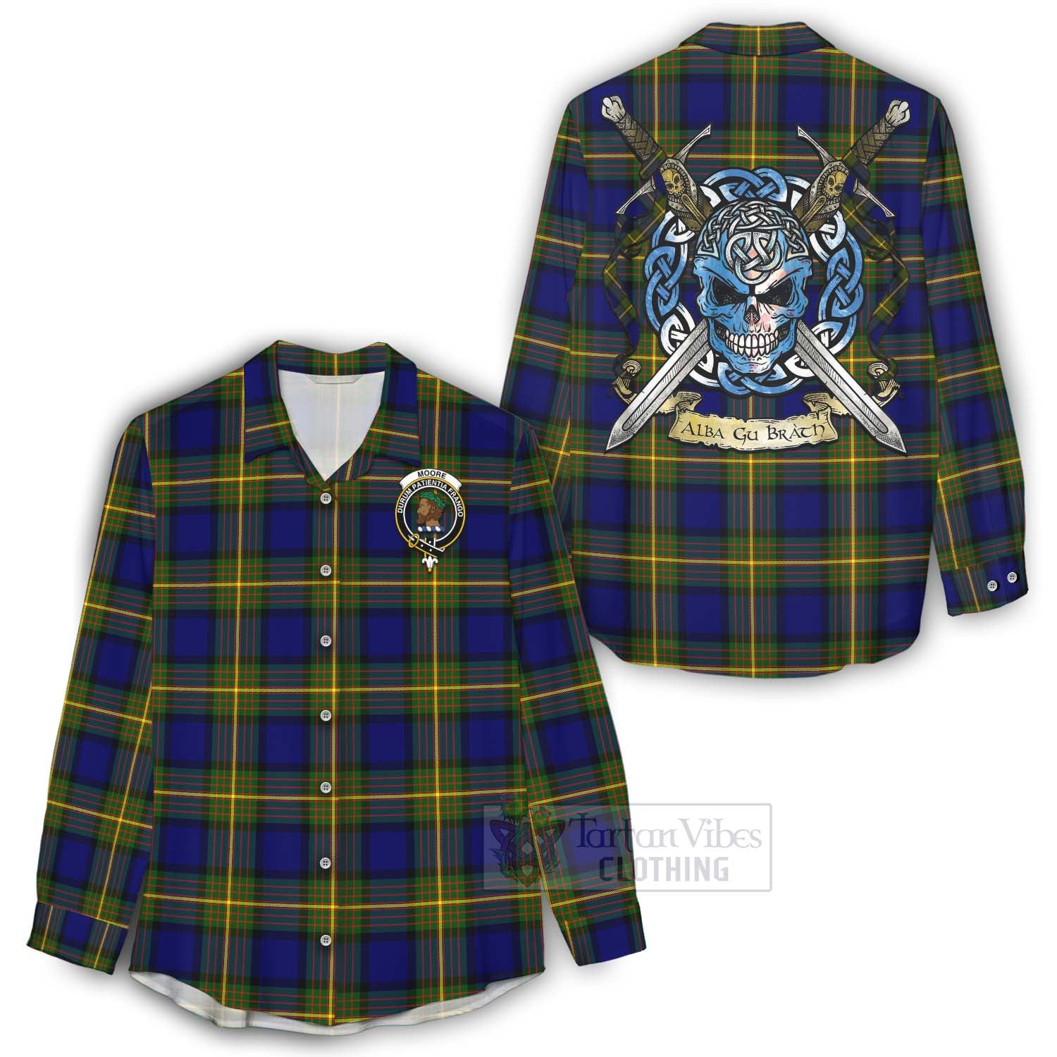 Tartan Vibes Clothing Moore Tartan Women's Casual Shirt with Family Crest Celtic Skull Style