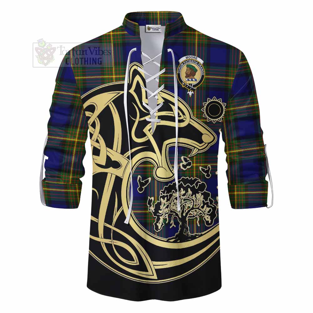 Tartan Vibes Clothing Moore Tartan Ghillie Kilt Shirt with Family Crest Celtic Wolf Style