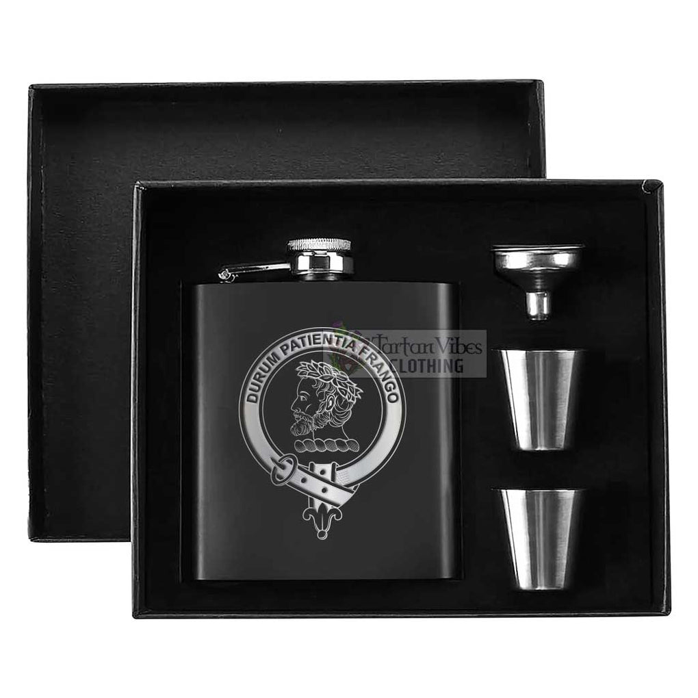 Tartan Vibes Clothing Moore Crest Hip Flask Set 7oz Black Stainless Steel with A Gift Box